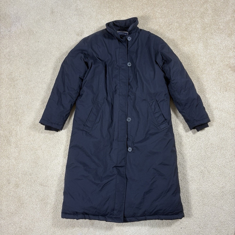 Lands End Womens Long Goose Down Puffer Coat Size Small Black Outdoor Utility